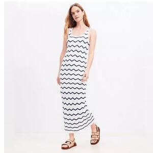 LOFT Chevron Open Stitch Pointelle Knit Sleeveless‎ Maxi Dress White Navy Size M